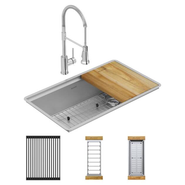 Crosstown® 18 Gauge Workstation Stainless Steel Sink & Faucet Kit – Model ECTRU30169RTFCW