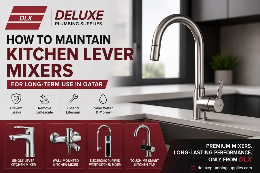 Modern kitchen lever mixer maintenance guide in Qatar featuring single lever, wall-mounted, electronic purified water mixer, and touch smart kitchen tap by Deluxe Plumbing Supplies.