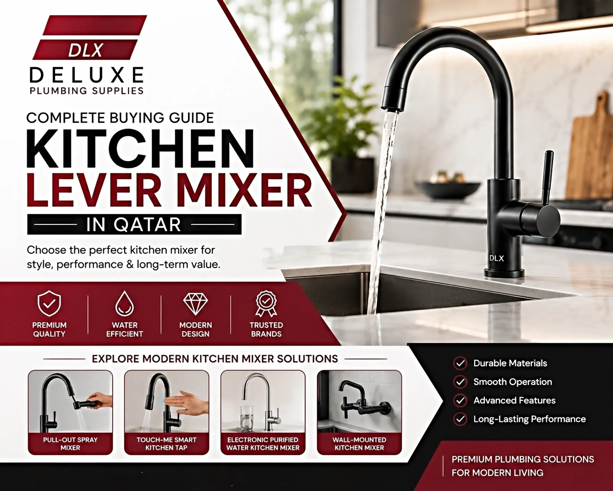 Modern black kitchen lever mixer in Qatar with smart kitchen tap and electronic purified water mixer by Deluxe Plumbing Supplies