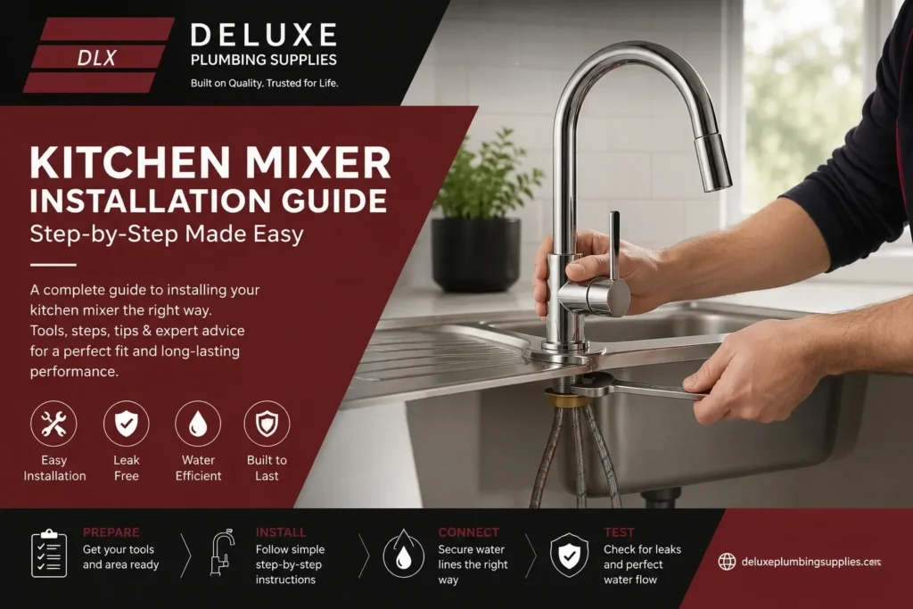 Professional kitchen mixer installation guide showing a modern chrome kitchen tap being installed with Deluxe Plumbing Supplies branding.