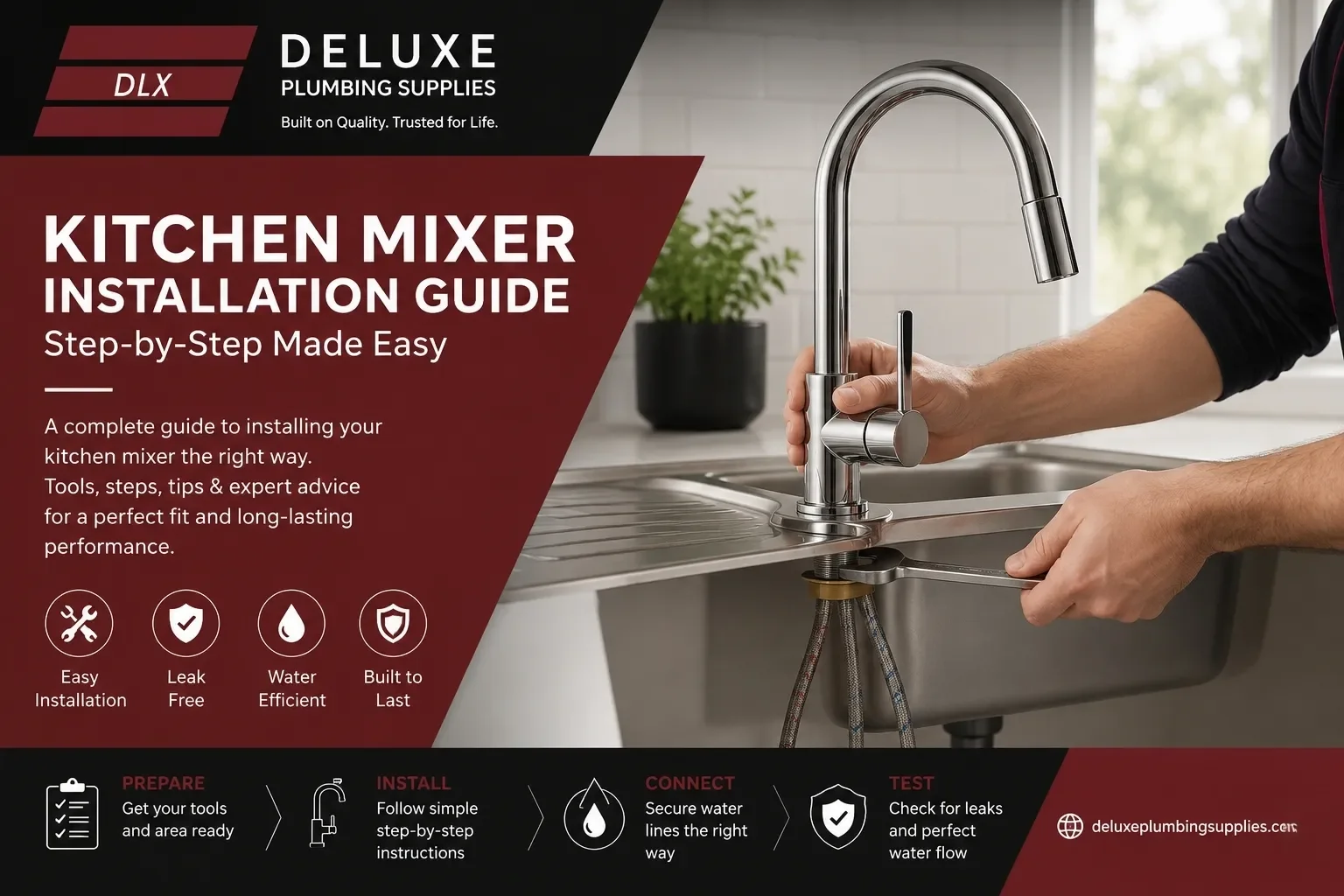 Professional kitchen mixer installation guide showing a modern chrome kitchen tap being installed with Deluxe Plumbing Supplies branding.
