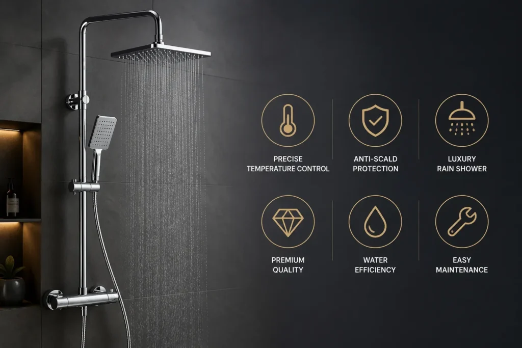 Luxury thermostatic rainfall shower system with temperature control and anti-scald protection icons in modern Qatar bathroom
