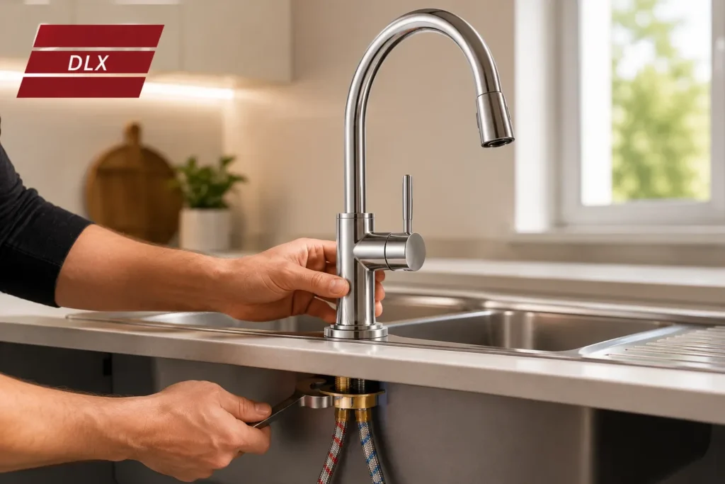 Modern chrome kitchen mixer being installed on a stainless steel sink with Deluxe Plumbing Supplies logo in a contemporary kitchen.