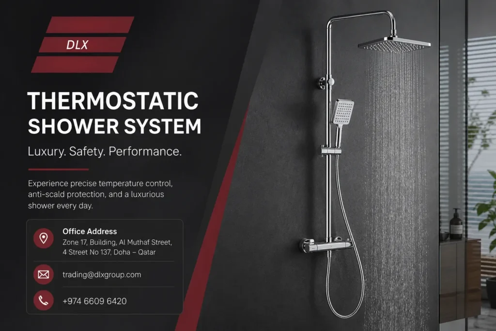 Luxury thermostatic shower system with rainfall shower head by DLX Deluxe Plumbing Supplies in Doha Qatar