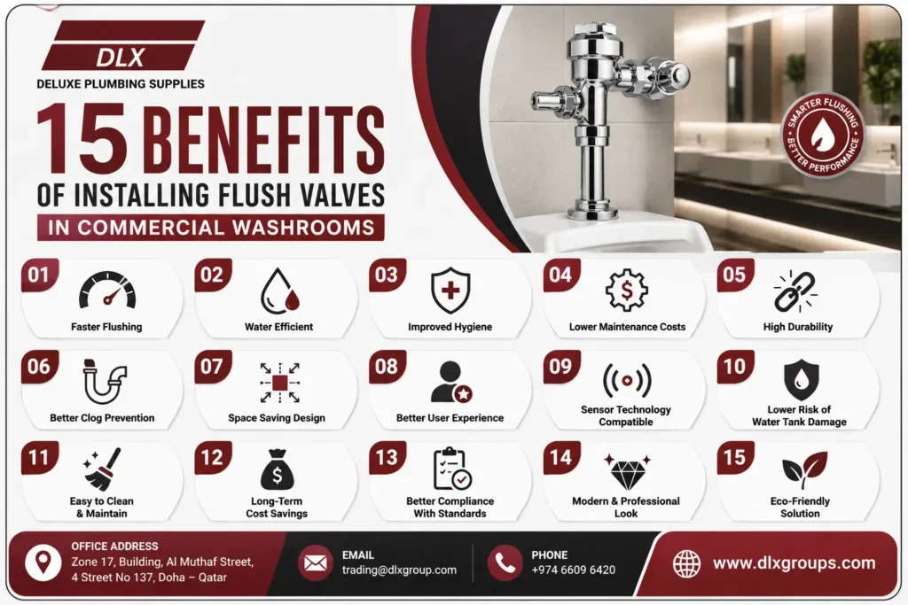 Infographic showing 15 benefits of installing flush valves in commercial washrooms by Deluxe Plumbing Supplies with icons for hygiene, water efficiency, durability, and cost savings.