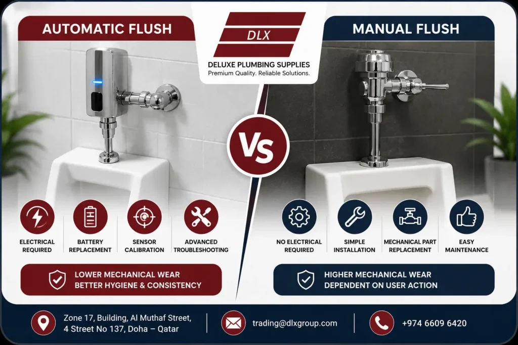 Automatic vs manual urinal flush installation and maintenance comparison infographic by Deluxe Plumbing Supplies Qatar