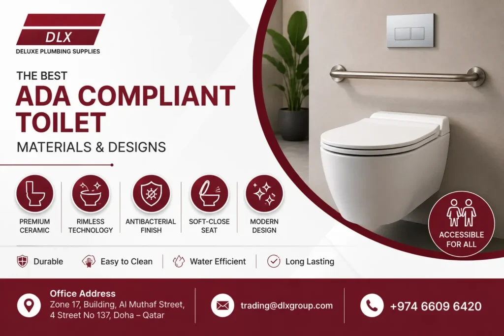 Modern ADA compliant toilet with rimless ceramic design and accessibility features for commercial and residential bathrooms in Qatar.