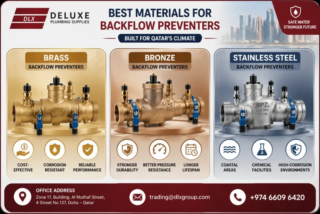 Infographic showing brass, bronze, and stainless steel backflow preventers for commercial plumbing systems in Qatar by Deluxe Plumbing Supplies with climate-resistant material comparison and industrial water safety solutions.
