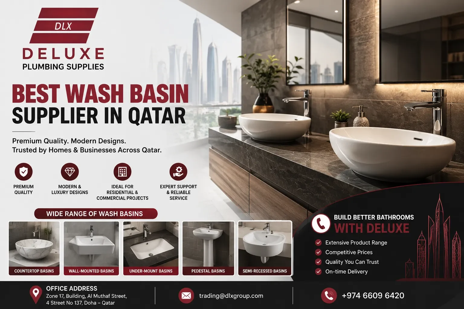 Best Wash Basin Supplier in Qatar by Deluxe Plumbing Supplies featuring luxury bathroom sink designs for residential and commercial projects.