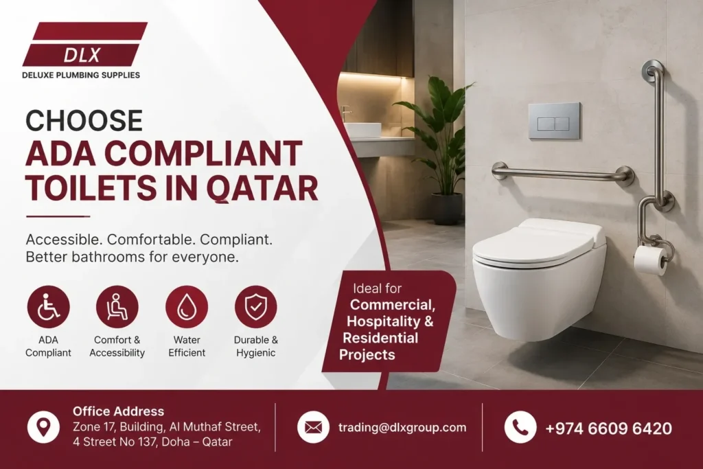 Modern ADA Compliant Toilets bathroom design in Qatar by Deluxe Plumbing Supplies with accessible grab bars and commercial restroom features.