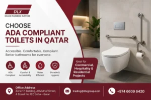 Modern ADA Compliant Toilets bathroom design in Qatar by Deluxe Plumbing Supplies with accessible grab bars and commercial restroom features.