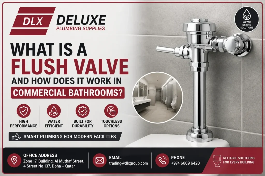 Commercial flush valve feature image showing a chrome flush valve system for commercial bathrooms by Deluxe Plumbing Supplies in Doha Qatar