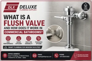 Commercial flush valve feature image showing a chrome flush valve system for commercial bathrooms by Deluxe Plumbing Supplies in Doha Qatar