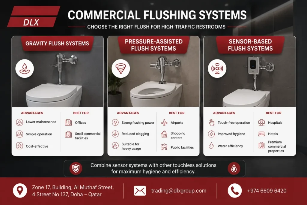 Comparison of gravity flush, pressure-assisted flush, and sensor-based flush systems for high-traffic commercial restrooms in Qatar.