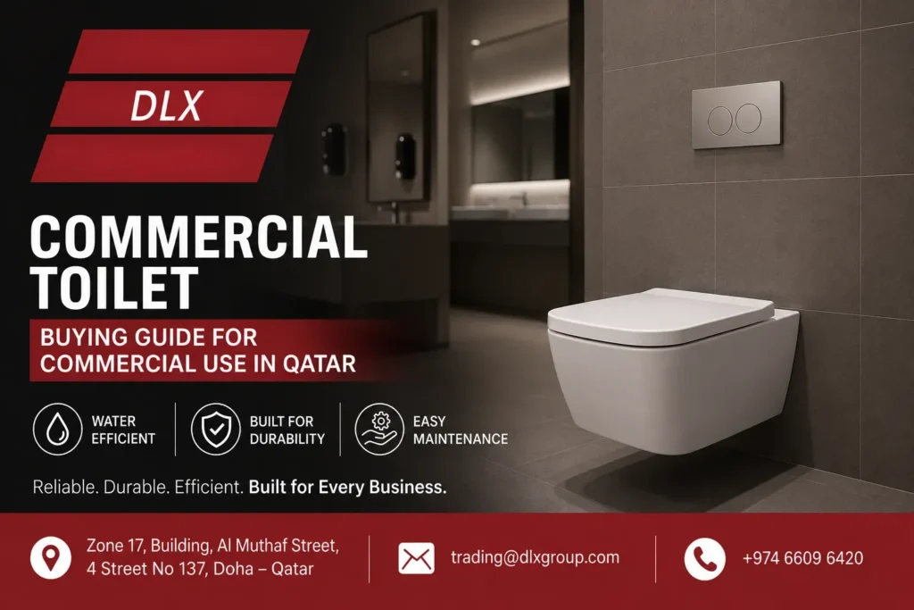 Commercial wall-mounted toilet buying guide in Qatar by Deluxe Plumbing Supplier featuring water-efficient and durable restroom solutions for businesses.