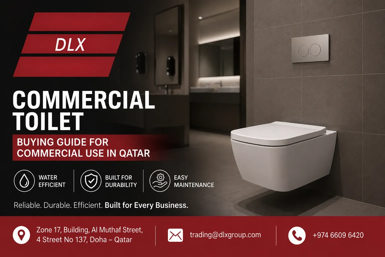 Commercial wall-mounted toilet buying guide in Qatar by Deluxe Plumbing Supplier featuring water-efficient and durable restroom solutions for businesses.