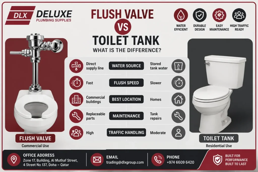 Flush valve vs toilet tank comparison infographic showing differences between commercial and residential toilet flushing systems