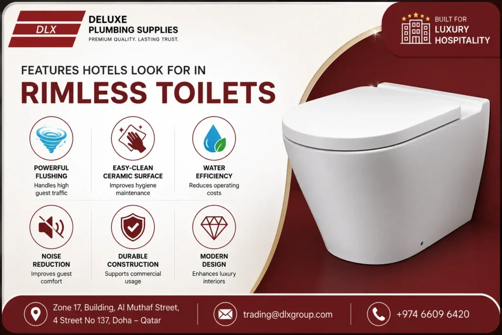 Premium rimless toilets features for hotels in Qatar showcasing water efficiency, powerful flushing, easy-clean ceramic surface, durable construction, and modern hospitality bathroom design by Deluxe Plumbing Supplies.