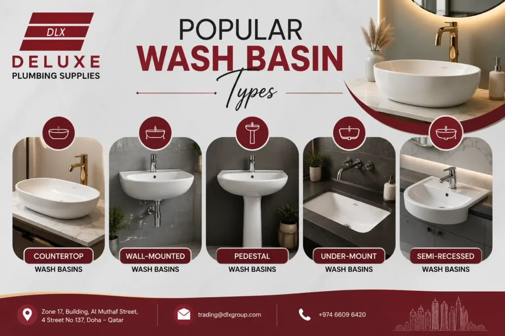 Popular wash basin types in Qatar including countertop, wall-mounted, pedestal, under-mount, and semi-recessed wash basins by Deluxe Plumbing Supplies.
