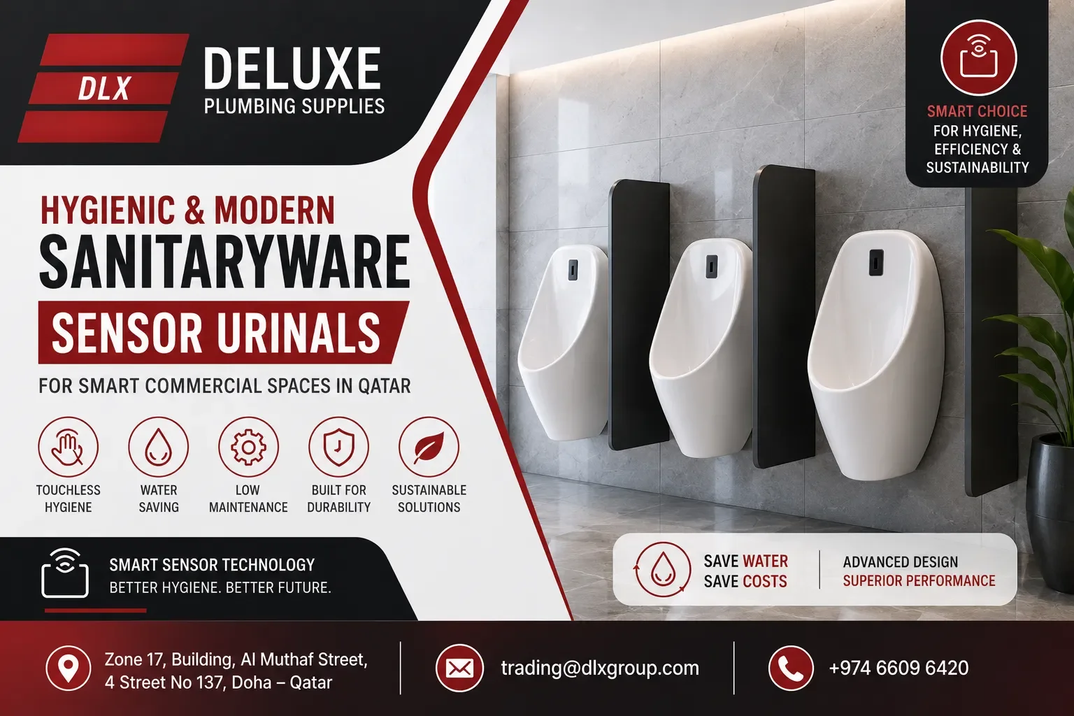 Smart sensor urinals for modern commercial sanitaryware projects in Doha Qatar by Deluxe Plumbing Supplies