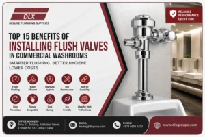 Modern commercial washroom flush valve feature image by Deluxe Plumbing Supplies showing benefits of installing flush valves for hygiene, water efficiency, durability, and cost savings.