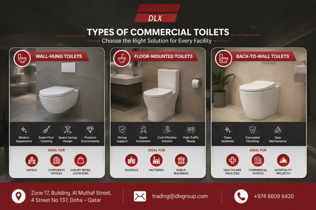Comparison of wall-hung, floor-mounted, and back-to-wall commercial toilets for hotels, offices, schools, healthcare facilities, and public buildings in Qatar.