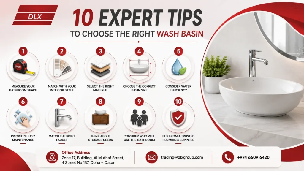 Infographic showing 10 expert tips to choose the right wash basin design, including bathroom space, interior style, material, size, water efficiency, maintenance, faucet compatibility, storage, user needs, and choosing a trusted plumbing supplier in Qatar, featuring Deluxe Plumbing Supplies.