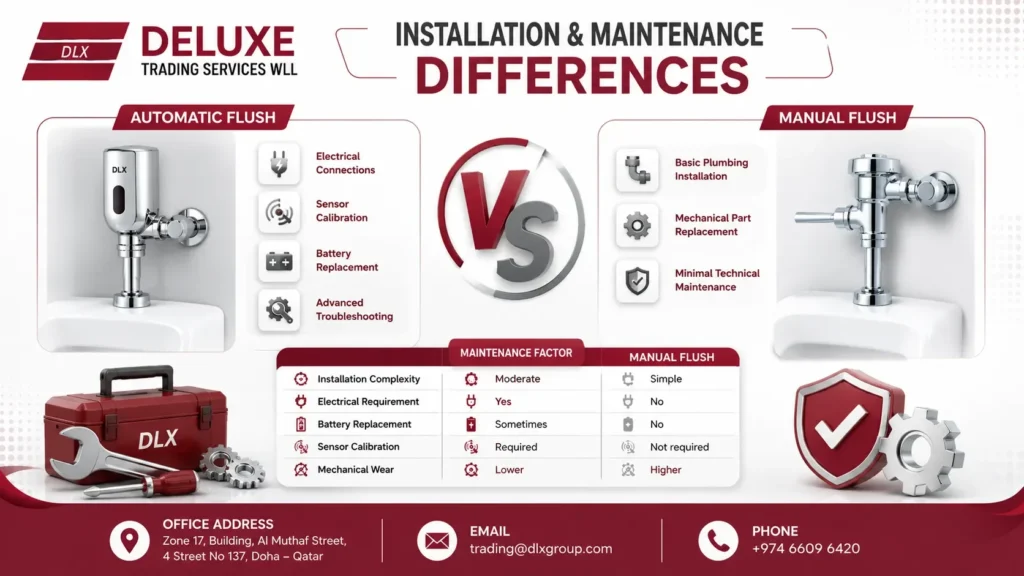 Installation and maintenance differences between automatic urinal vs manual urinal flush systems for commercial bathrooms, including electrical requirements, sensor calibration, battery replacement, plumbing installation, routine maintenance, and long-term operating costs, by Deluxe Trading Services WLL Qatar.

