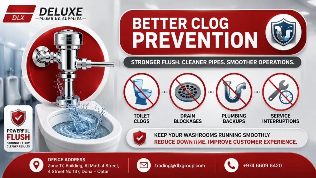 Commercial flush valve clog prevention infographic by Deluxe Plumbing Supplies Qatar showing stronger flushing performance, reduced toilet clogs, fewer drain blockages, minimized plumbing backups, lower maintenance downtime, and improved washroom efficiency for commercial facilities.