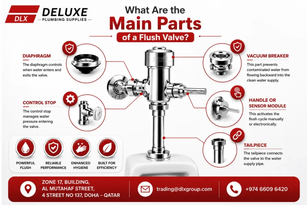 Diagram of commercial flush valve parts including diaphragm, vacuum breaker, control stop, tailpiece, and handle or sensor module by Deluxe Plumbing Supplies Qatar.