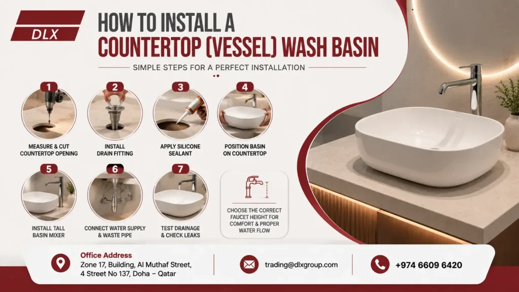 Step-by-step Wash Basin Installation guide for a countertop vessel wash basin, showing drain fitting, silicone sealing, basin placement, plumbing connection, and leak testing for modern bathrooms in Qatar, featuring Deluxe Plumbing Supplies.