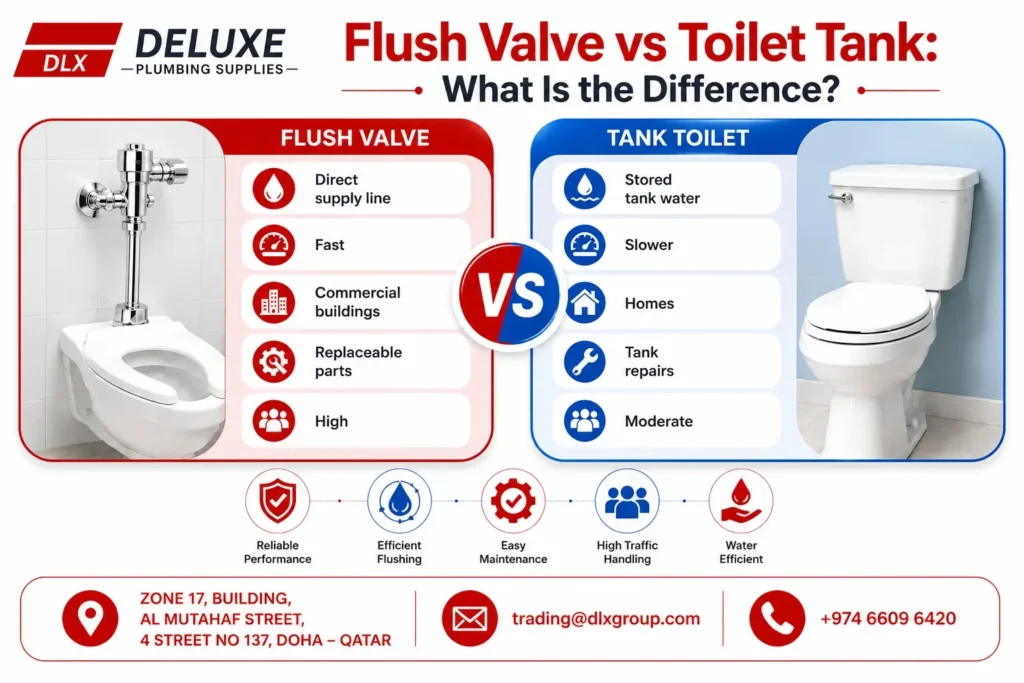 Comparison infographic of flush valve vs toilet tank highlighting water source, flush speed, maintenance, and commercial versus residential applications by Deluxe Plumbing Supplies Qatar.