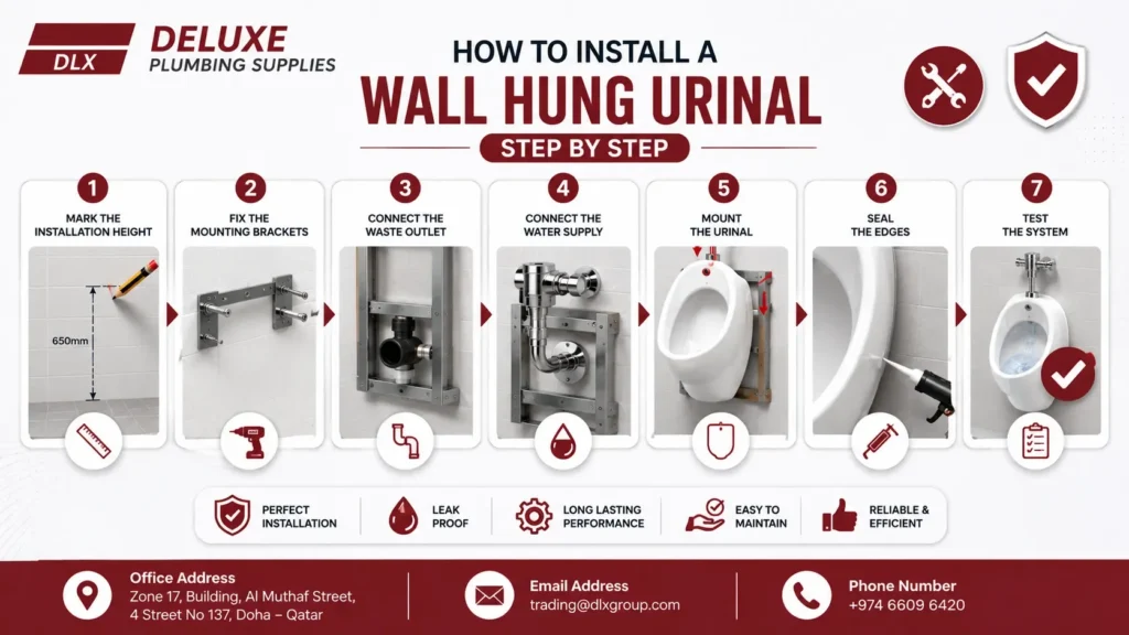 Installation Guide for Wall-Hung Urinal with step-by-step installation, including mounting height, wall brackets, waste outlet connection, water supply, urinal mounting, edge sealing, and final system testing by Deluxe Plumbing Supplies.