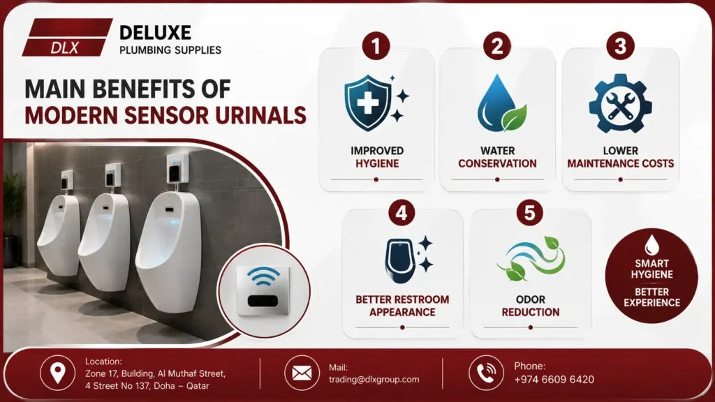 Modern sensor urinals in Qatar featuring touchless flushing technology, improved hygiene, water conservation, odor reduction, and commercial restroom solutions by Deluxe Plumbing Supplies Doha Qatar.