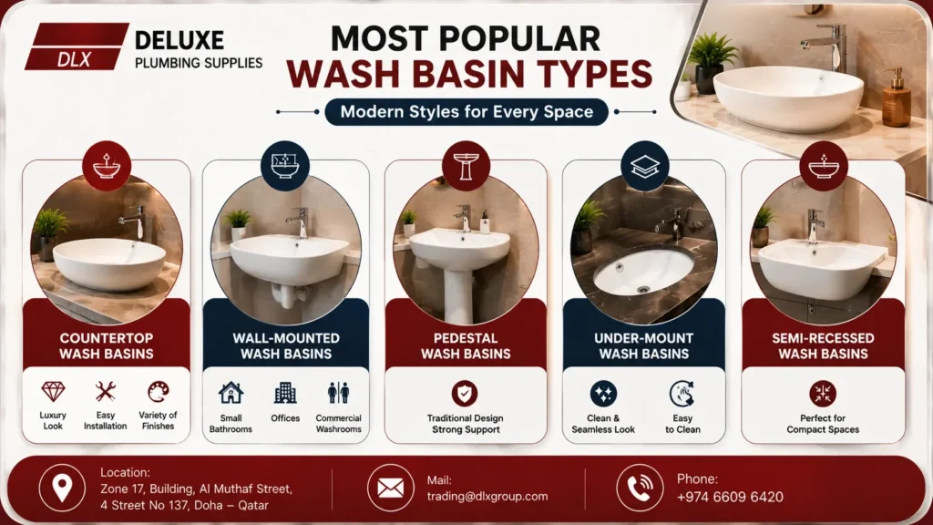 Modern wash basin types in Qatar including countertop, wall-mounted, pedestal, under-mount, and semi-recessed bathroom basins by the best wash basin supplier Deluxe Plumbing Supplies at Doha in Qatar.