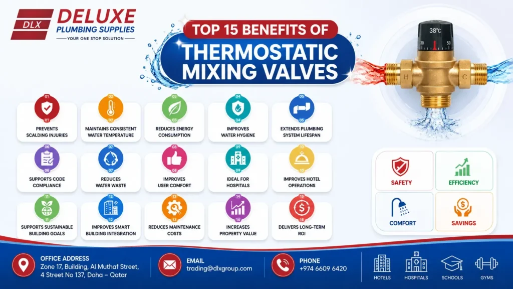Feature image showing the top 15 benefits of thermostatic mixing valves with a premium TMV illustration, highlighting anti-scald protection, consistent water temperature, energy savings, and commercial plumbing solutions by Deluxe Plumbing Supplies in Qatar.