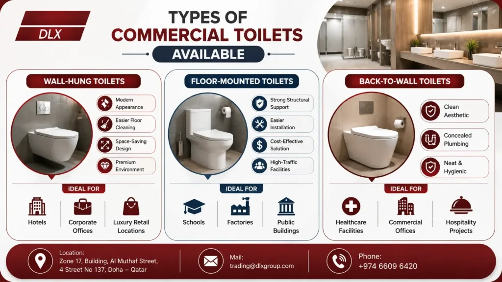 Types of commercial toilets available in Qatar include wall-hung, floor-mounted, and back-to-wall toilets with modern restroom designs and commercial plumbing solutions by Deluxe Plumbing Supplier Doha Qatar.