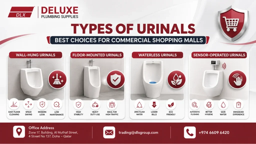 Types of commercial urinals for shopping malls in Qatar including wall-hung, floor-mounted, waterless, and sensor-operated urinals with modern bathroom solutions by Deluxe Plumbing Supplies.