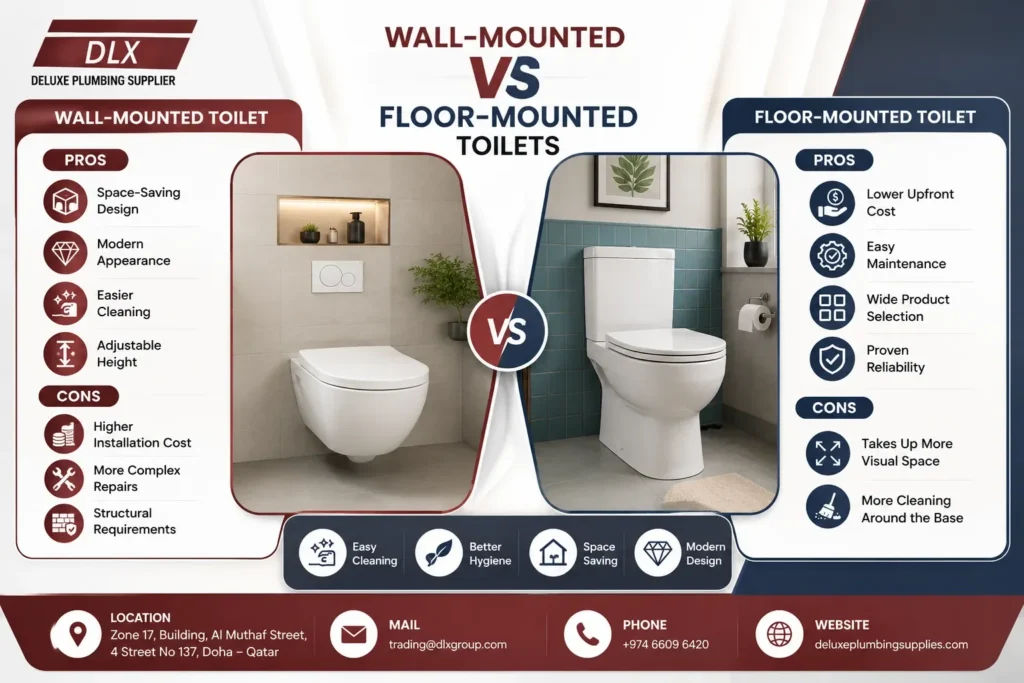 Modern infographic comparing wall-mounted and floor-mounted toilets with pros and cons, space-saving benefits, maintenance features, and bathroom design solutions by Deluxe Plumbing Supplier Qatar.