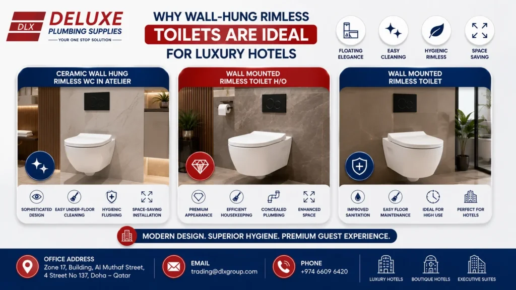 Best rimless toilets for hotels in Qatar featuring floor-standing close-coupled, close-coupled, and wall-hung rimless toilet models with superior hygiene, water efficiency, powerful flushing, premium design, and commercial bathroom solutions by Deluxe Plumbing Supplies.