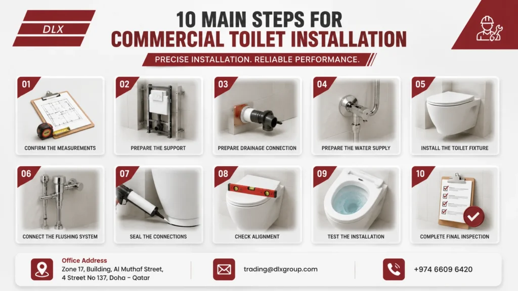 10 main steps for commercial toilets installation, including confirming measurements, preparing the support frame, drainage and water connections, installing the toilet fixture, connecting the flushing system, sealing connections, checking alignment, testing the installation, and completing final inspection.
