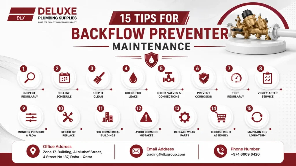 Deluxe Plumbing Supplies infographic showing 15 backflow preventer maintenance tips, including regular inspection, maintenance scheduling, cleaning, leak detection, valve and connection checks, corrosion prevention, testing, pressure and flow monitoring, repair or replacement, commercial building maintenance, parts replacement, assembly selection, and long-term care