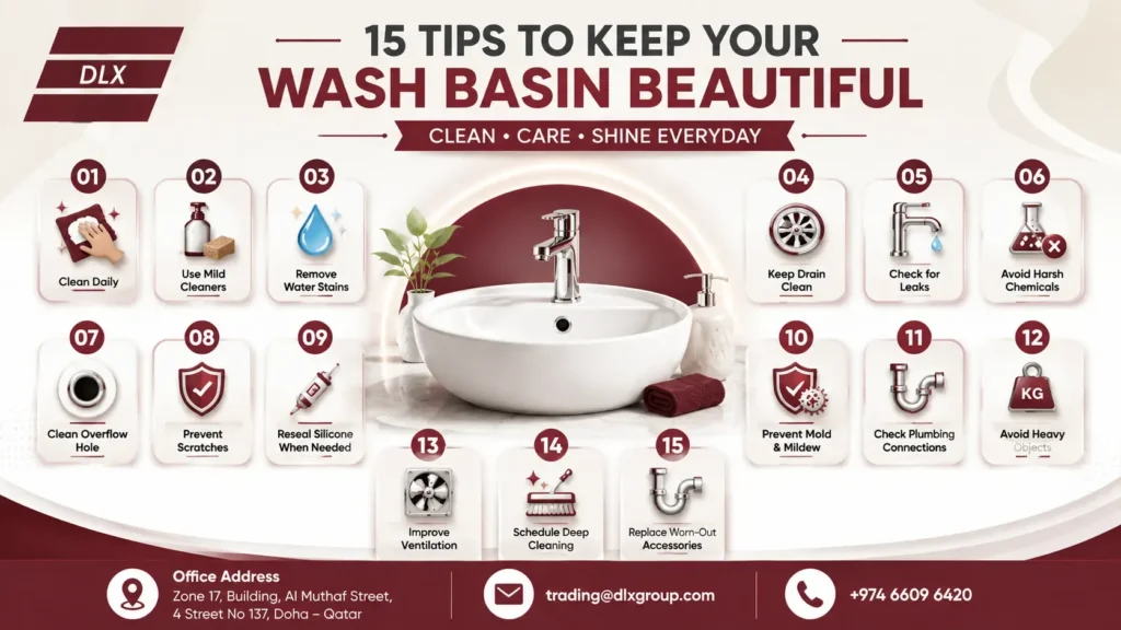 Premium infographic featuring the top 15 tips for wash basin maintenance, including cleaning, stain removal, leak inspection, drain care, and plumbing maintenance for a hygienic and long-lasting bathroom sink by Deluxe Plumbing Supplies.
