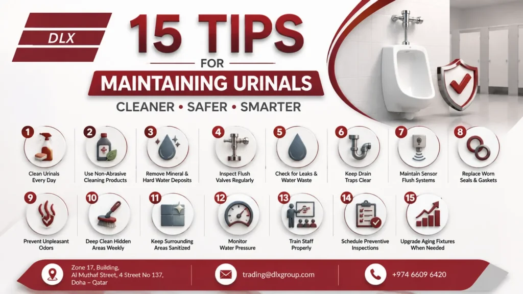 15 tips for Maintaining urinals in commercial restrooms which included Clean Urinals Every Day, Use Non-Abrasive Cleaning Products, Check for Leaks and Water Waste, and more.