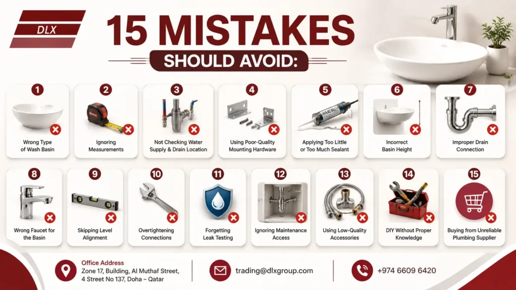 Installing a wash basin correctly is essential to prevent leaks, drainage problems, and costly repairs. This infographic highlights 15 common mistakes to avoid when installing a wash basin.