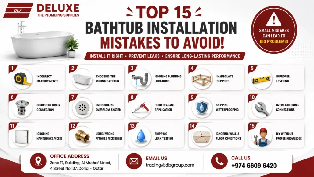 Bathtub installation mistakes checklist showing 15 common errors, including incorrect measurements, poor leveling, drain connection, waterproofing, and leak testing