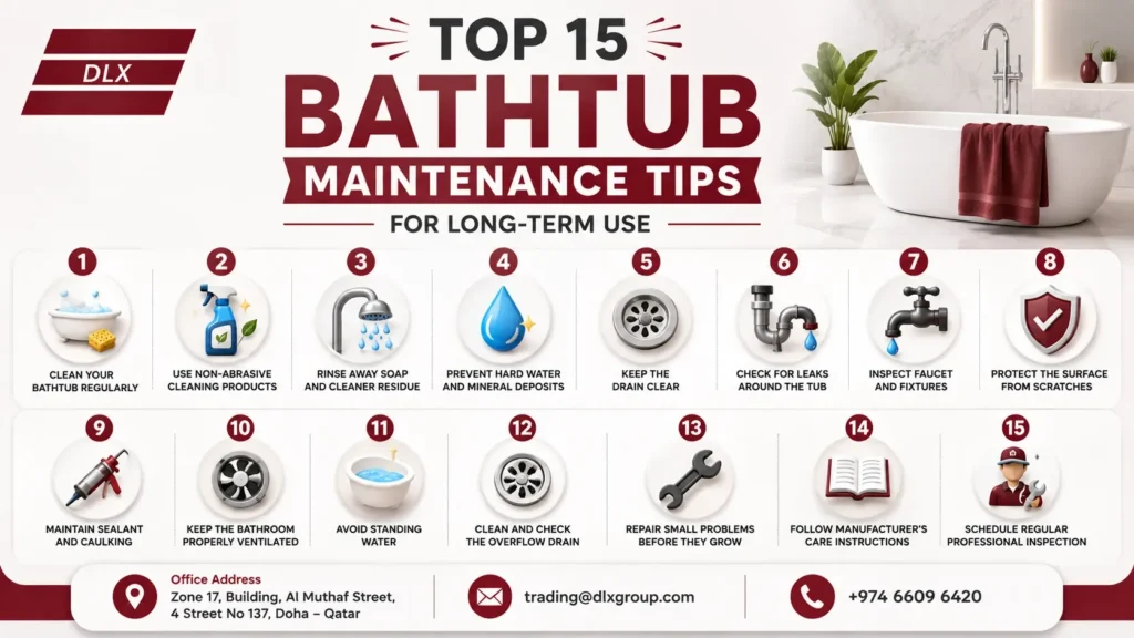 DLX infographic featuring 15 bathtub maintenance tips for long-term use, with numbered 3D icons for regular cleaning, non-abrasive products, rinsing soap residue, preventing mineral deposits, keeping the drain clear, checking leaks, inspecting faucets, protecting the surface, maintaining caulking, bathroom ventilation, avoiding standing water, checking the overflow drain, repairing small problems, following manufacturer care instructions, and professional inspection.