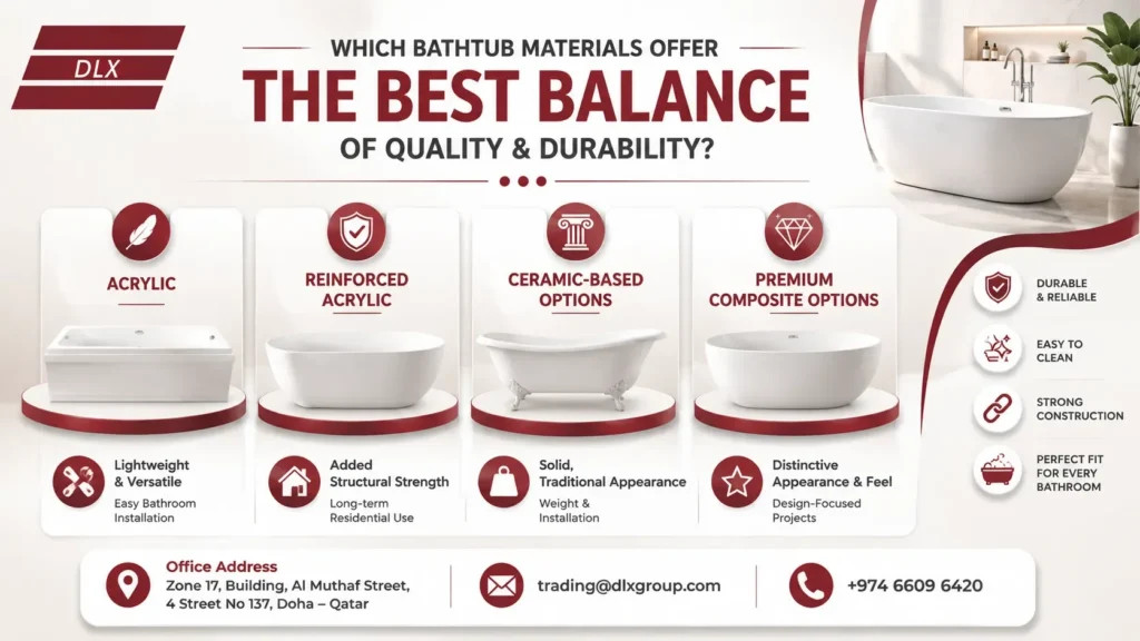 Bathtub materials comparison showing acrylic, reinforced acrylic, ceramic-based, and premium composite bathtub options for quality and durability from a trusted Bathtub Supplier, Deluxe Plumbing Supplies.