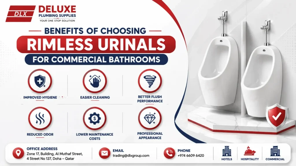 Premium rimless urinals for commercial bathrooms from the best rimless urinal supplier, Deluxe Plumbing Supplies in Qatar
