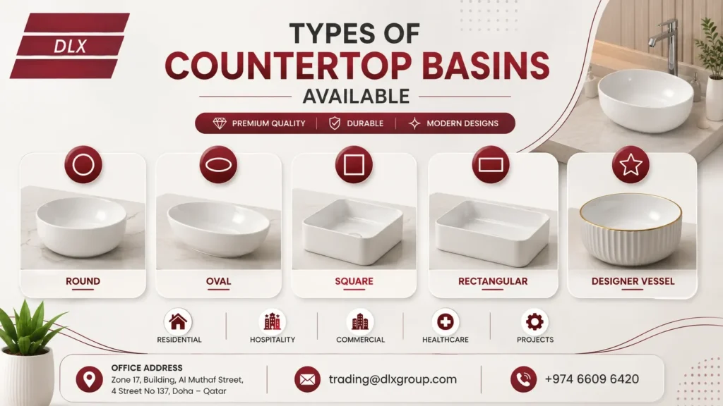 Different types of countertop basins, including round, oval, square, rectangular, and designer vessel basins, are available for residential and commercial bathrooms in Qatar from Deluxe Plumbing Supplies, a trusted countertop basin supplier.